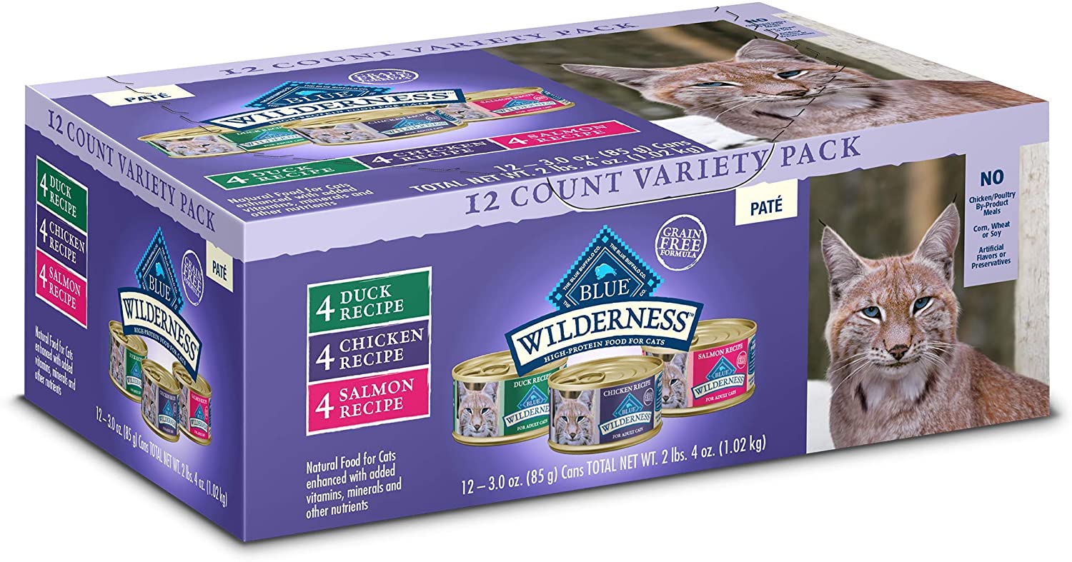 Blue Buffalo Wilderness High Protein， Natural Adult Pate Wet Cat Food Variety Pack， Chicken， Salmon， Duck 3-oz Cans (12 Count- 4 of Each Flavor)