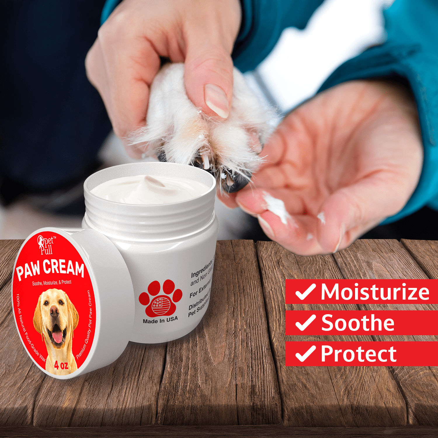 Pet Pull Paw Cream (4 oz) Dog Paw Protector for Heat， Cold and Rough Surfaces - Paw Moisturizer Balm with Natural Waxes and Oils - Puppy Invisible Boot Soothes， Moisturizes， Protects