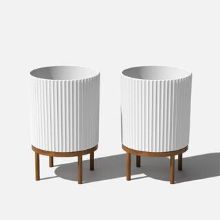 Veradek Demi 16 in. Raised with Stand Round White Plastic Planter with Brown Stand (2-Pack) DMSTV16WBR-2PK