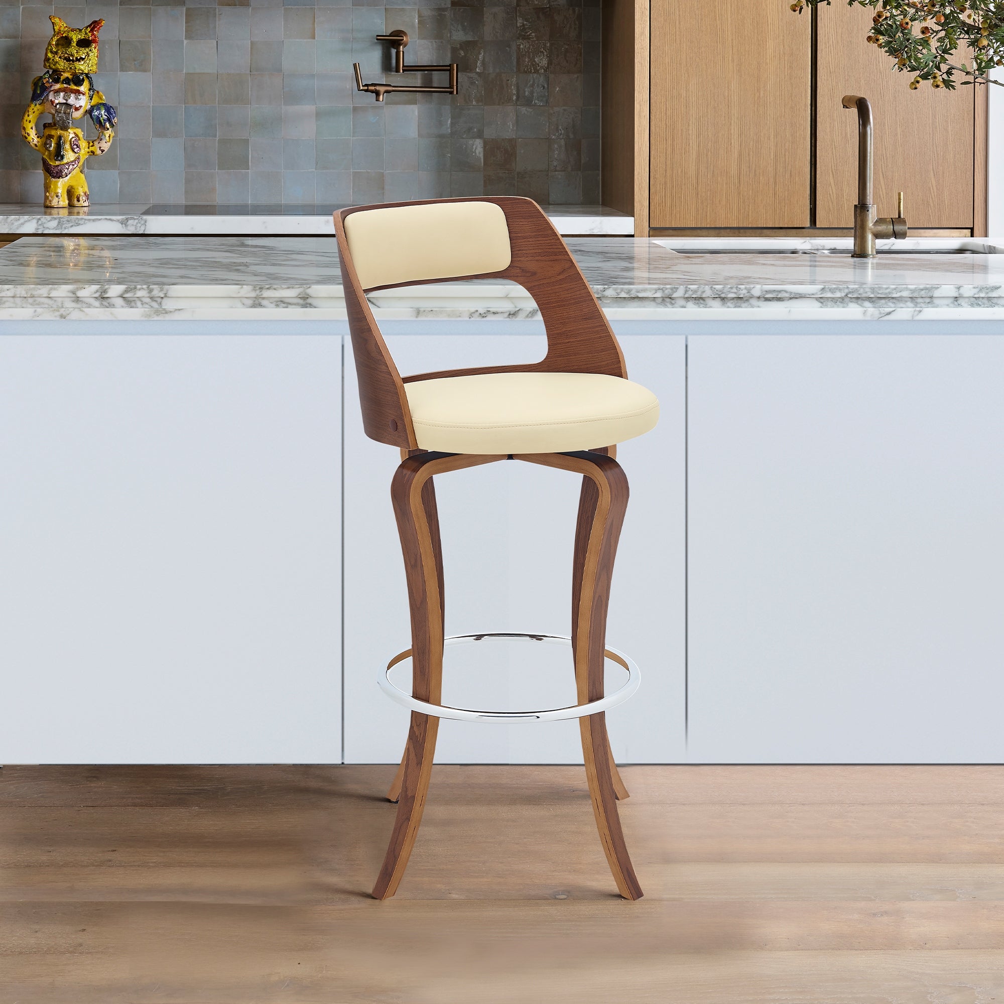 Grady Swivel Faux Leather and Walnut Wood Counter and Bar Stool