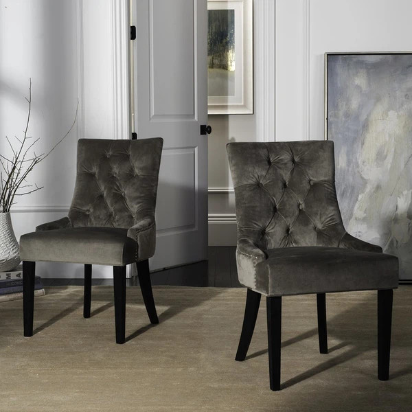 Liddie 19  x27 x27H Tufted Side Chairs Silver Nail Heads set of 2 Mole Grey   Transitional   Dining Chairs   by Peachtree Fine Furniture  Houzz