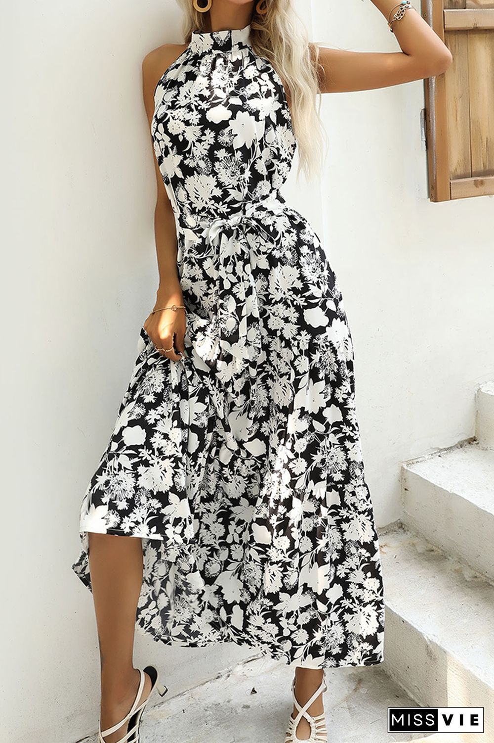 Halter Floral Print Sleeveless Long Split Dress Wholesale