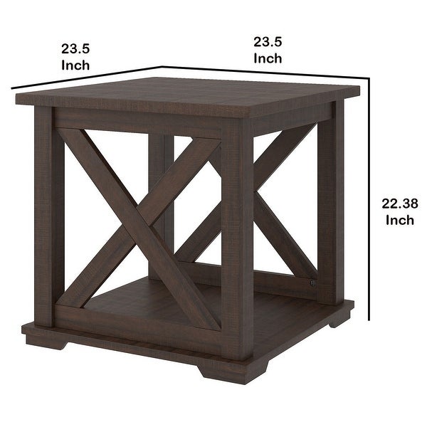 22 Inches Rough Hewn Saw Wooden End Table with X Side Panels， Brown