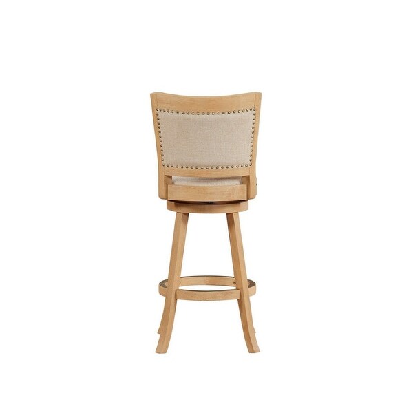 Kia 24 Inch Solid Wood Swivel Counter Stool， Curved Panel Back， Brass Nailheads， Ivory