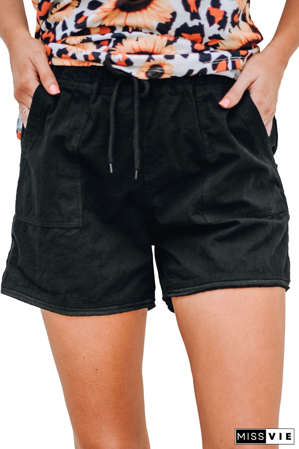 Solid Color Drawstring Frayed Hem Pocketed Shorts