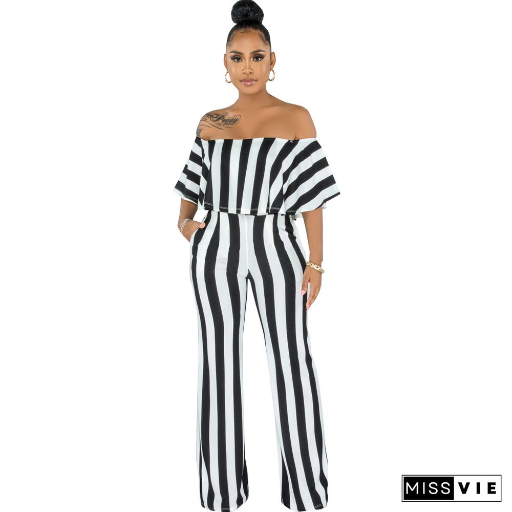 Striped Off Shoulder Wide Leg Jumpsuits