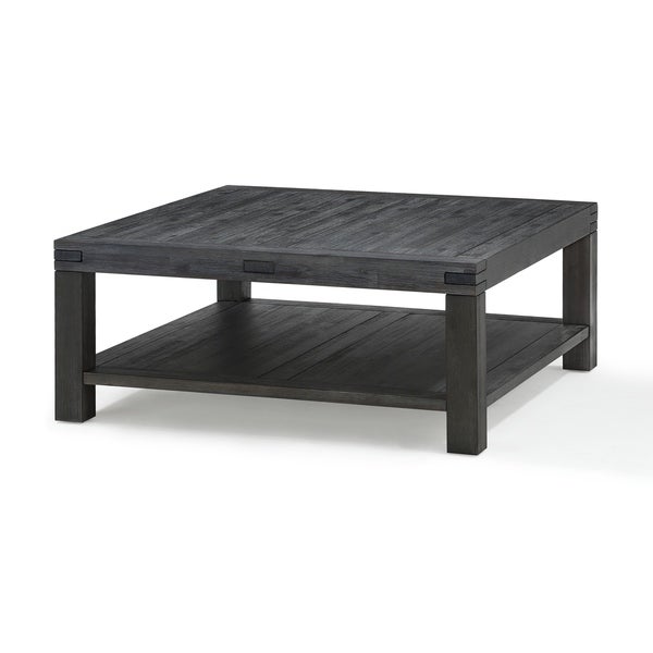 Square Coffee Table with Block Legs and 1 Open Shelf， Dark Gray