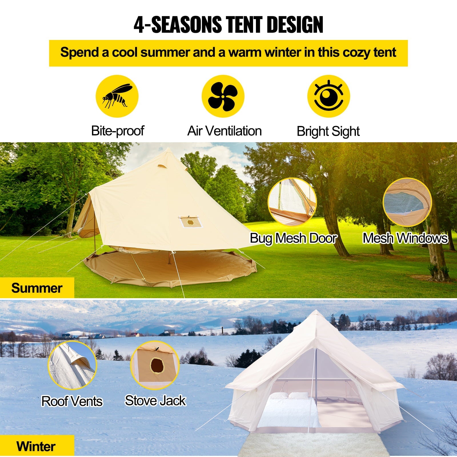 VEVORbrand Canvas Bell Tent 9.84ft Cotton Canvas Tent with Wall Stove Jacket Glamping Tent Waterproof Bell Tent for Family Camping Outdoor Hunting in 4 Seasons