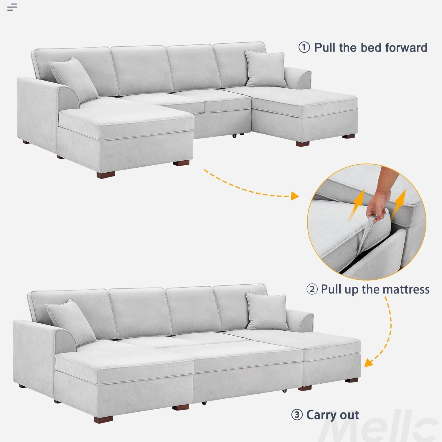 Mellcom U-Shaped Sectional Sofa with Pull-Out Bed, Upholstered Modular Couch with Storage, Gray