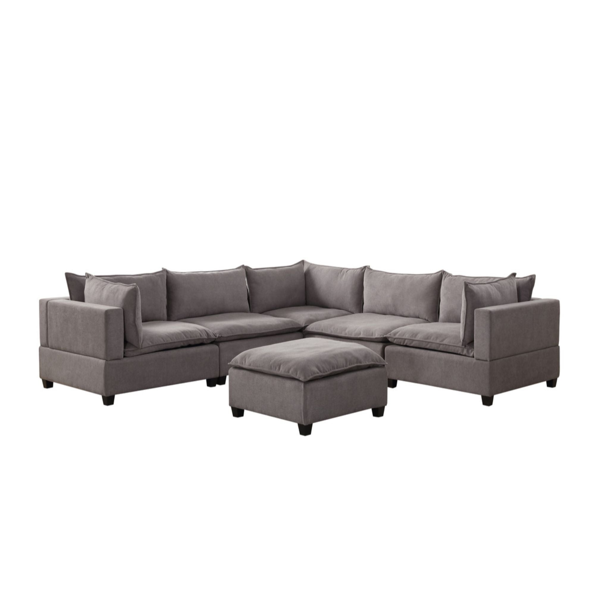 Set of 6 Rhino Gray Home Furniture Madison Fabric Modular Sectional Sofa with Ottoman, 10'