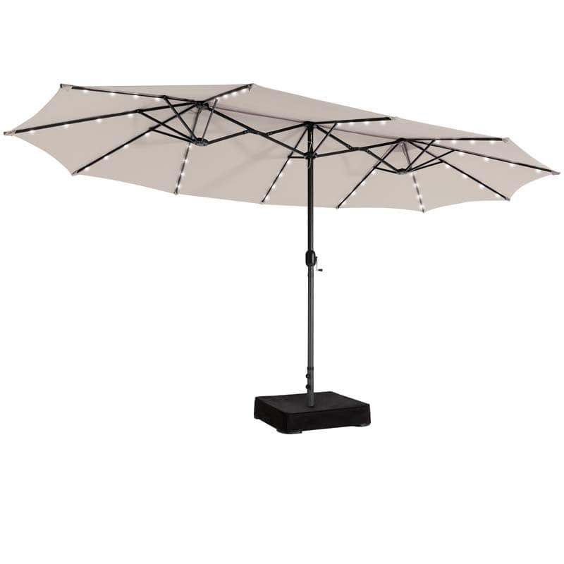 15 FT Double-Sided Patio Umbrella with 48 Solar Lights, Extra-Large Outdoor Twin Market Umbrella with Base