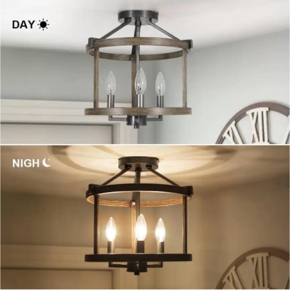 LNC Modern Farmhouse Brown Drum Semi Flush Mount Lighting， 3-Light Candlestick Ceiling Light Fixture for Bedroom Kitchen