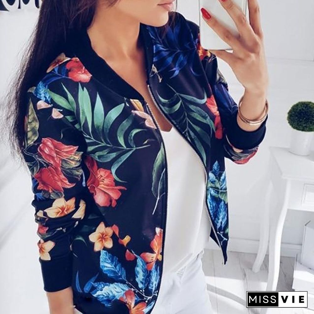 Women Coat Retro Floral Print Zipper Up Jacket Casual Coat Long Sleeve Outwear Women Basic Jacket Bomber