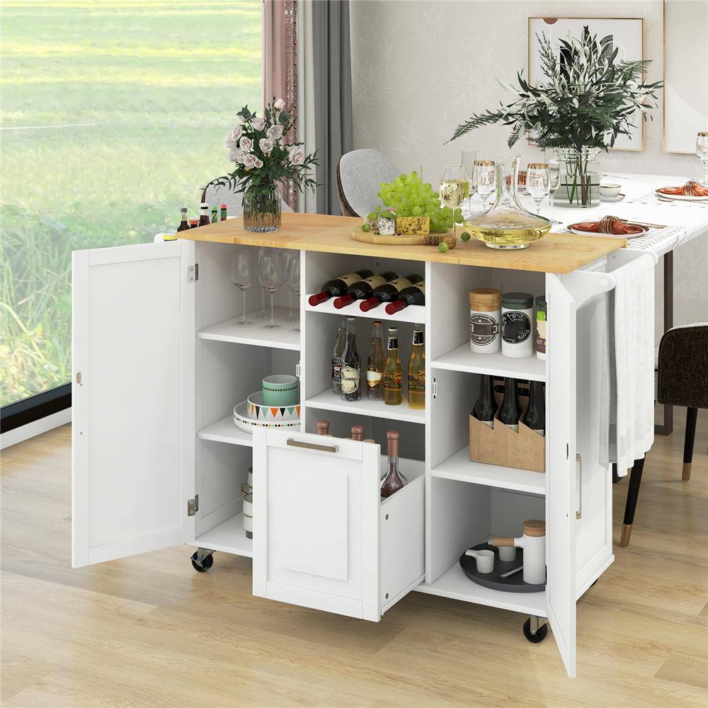 Costway Rolling Kitchen Island Utility Serving Cart with Drop Leaf Wine Rack Drawer White KC53799WH