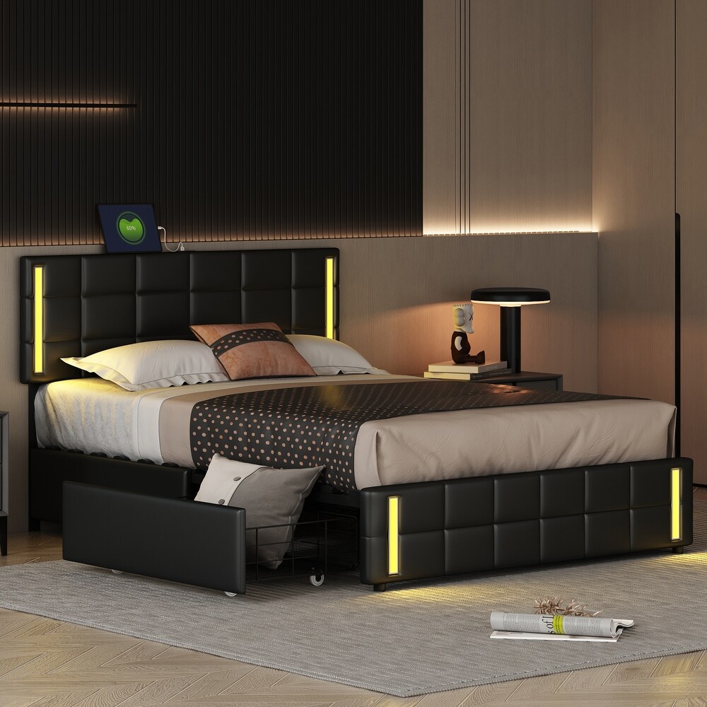 Queen Size Upholstered Platform LED Bed Frame