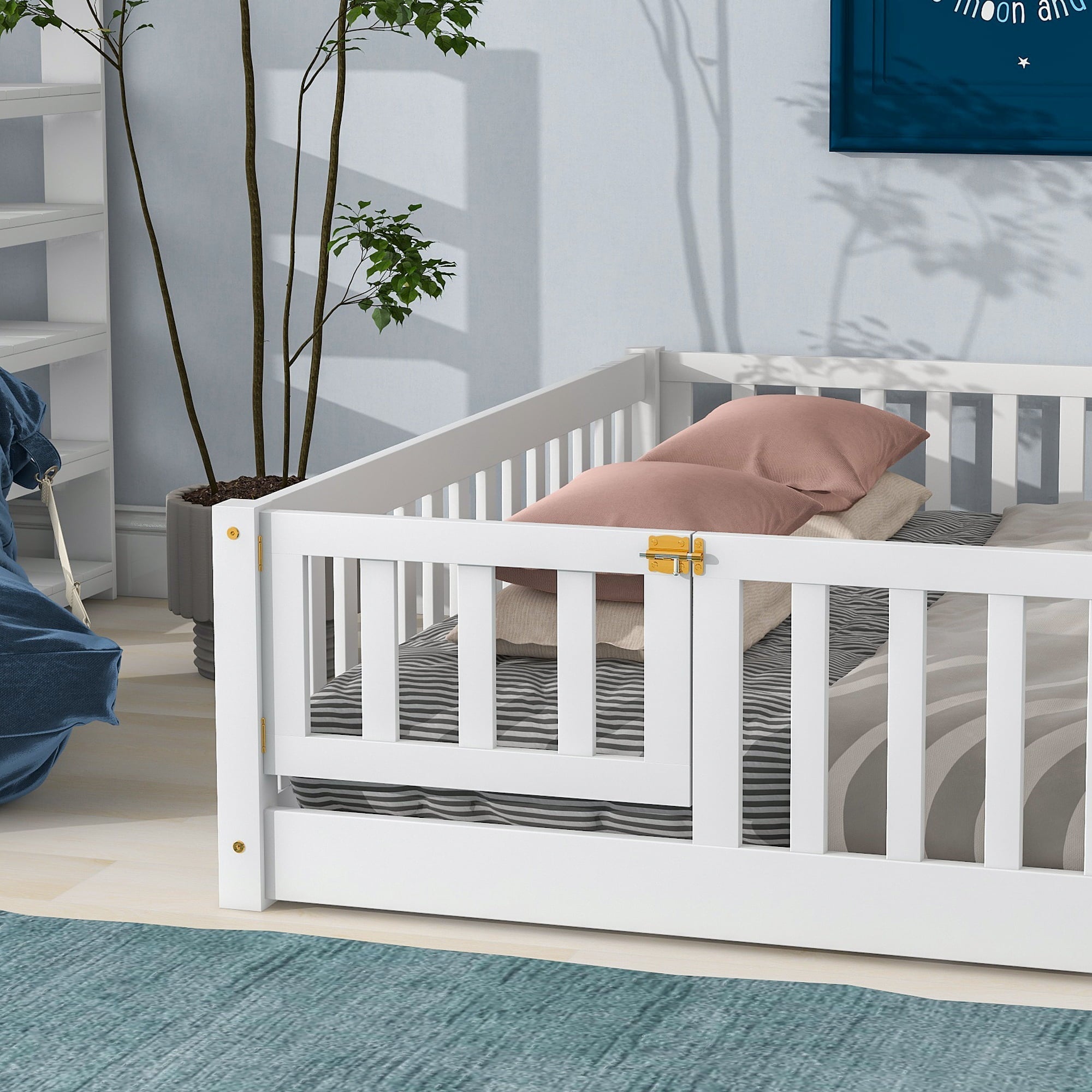 uhomepro Queen Size Wood Floor Bed Frame with Fence and Door for Kids, Toddlers, White