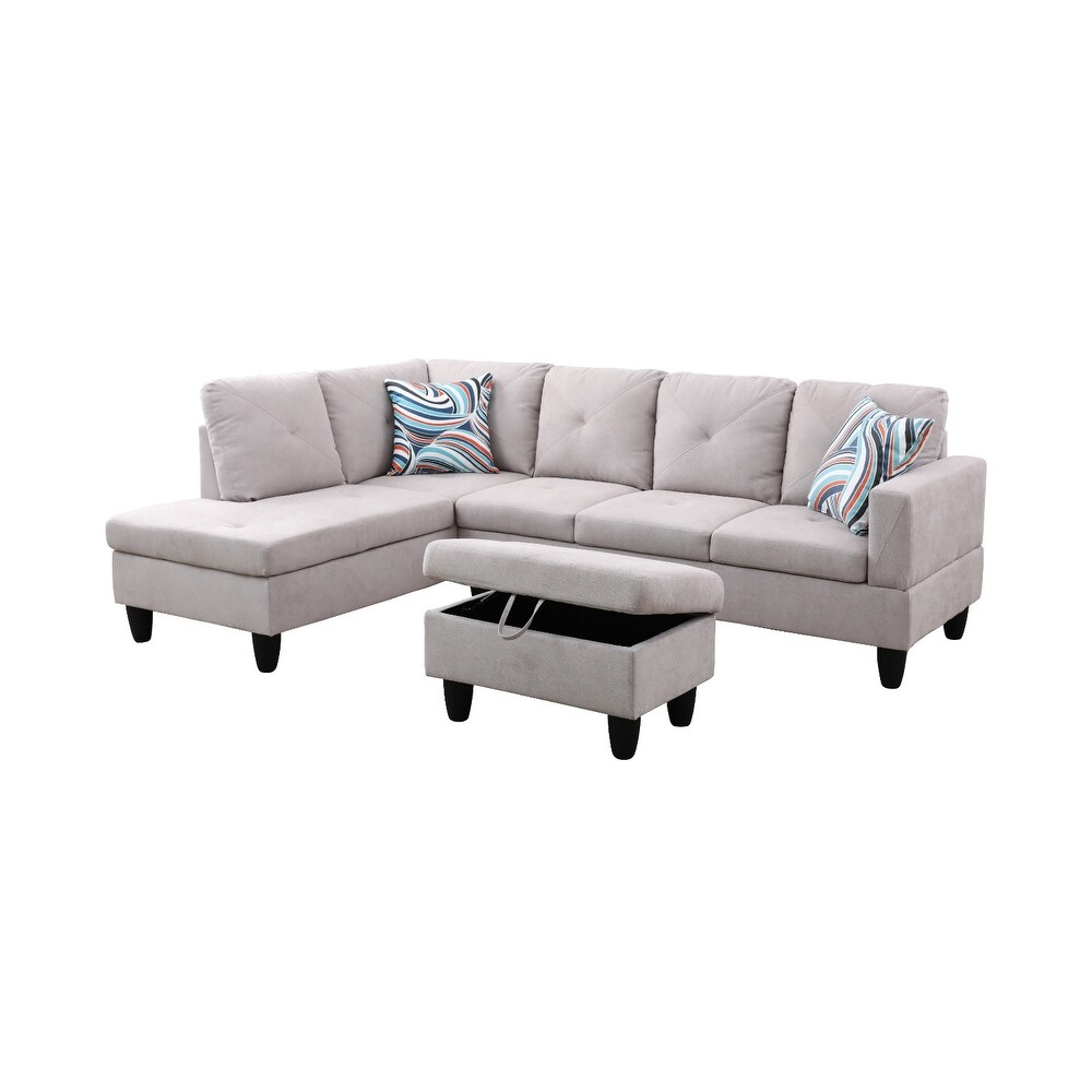 3 Pieces Sectional Sofa Set Grey White Flannel Living Room Sofa Set