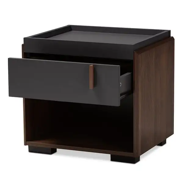 Rikke Modern and Contemporary Two-Tone Gray and Walnut Finished Wood 1-Drawer Nightstand - Dark Grey