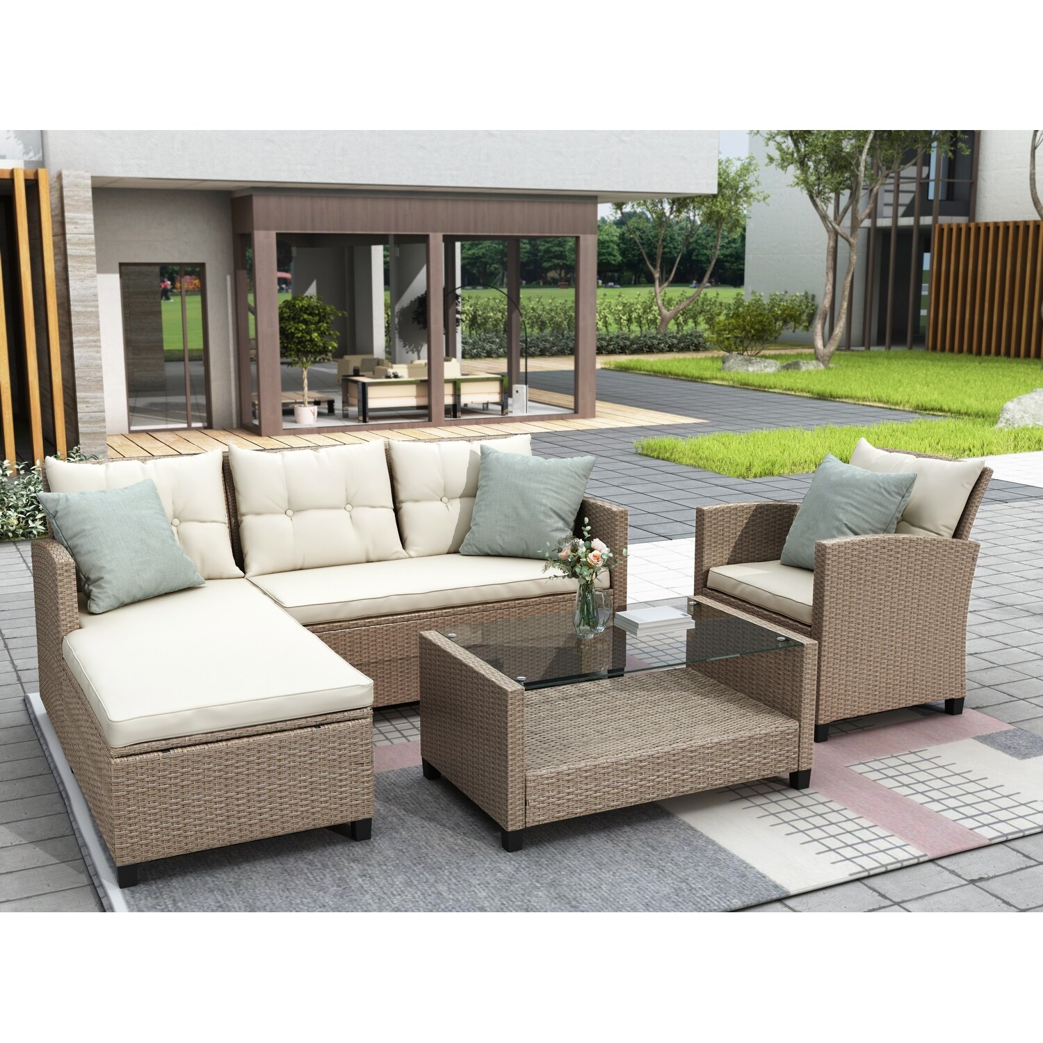 4 Piece Patio Furniture Sets Wicker Ratten Sectional Sofa with Seat Cushions - Overstock - 35440088