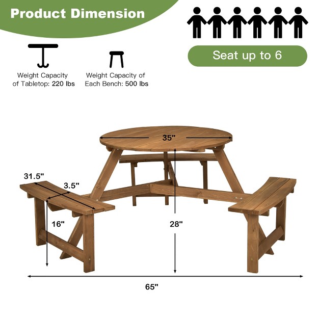 Costway 6 person Round Wooden Picnic Table Outdoor Table W Umbrella Hole amp Benches