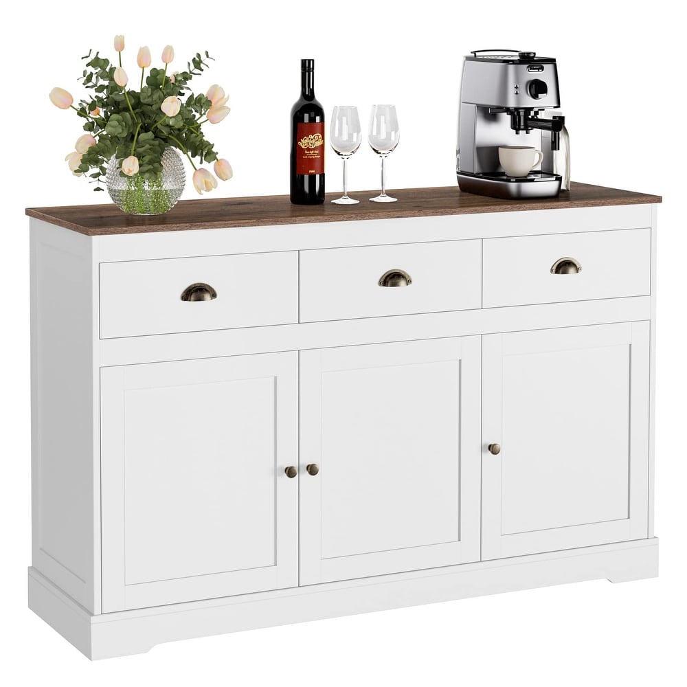 Buffet Cabinet Storage Sideboard Farmhouse Server Bar Wine Cabinet with 3 Drawers   3 Doors Adjustable Shelves Console Table