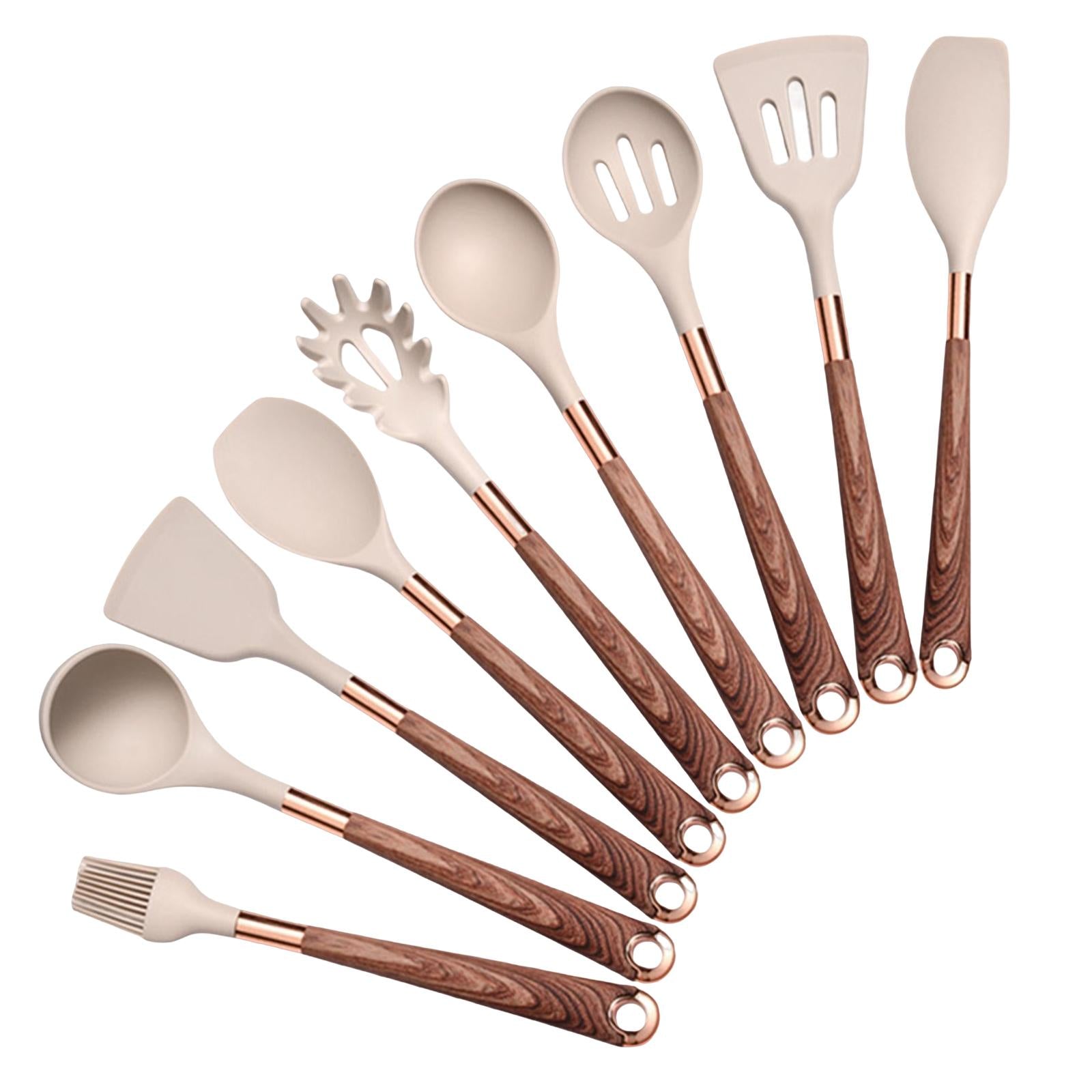 Kitchen Utensils Set,9pcs Silic Cooking Kitchen Utensils Set Heat Resistance Silic Spatula Spoon Kitchen Gadgets Utensils Set , Brown Handle