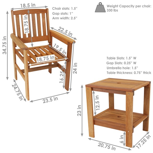 Sunnydaze Outdoor Meranti Wood With Teak Oil Finish Patio Table And Chairs Conversation Set Brown 3pc