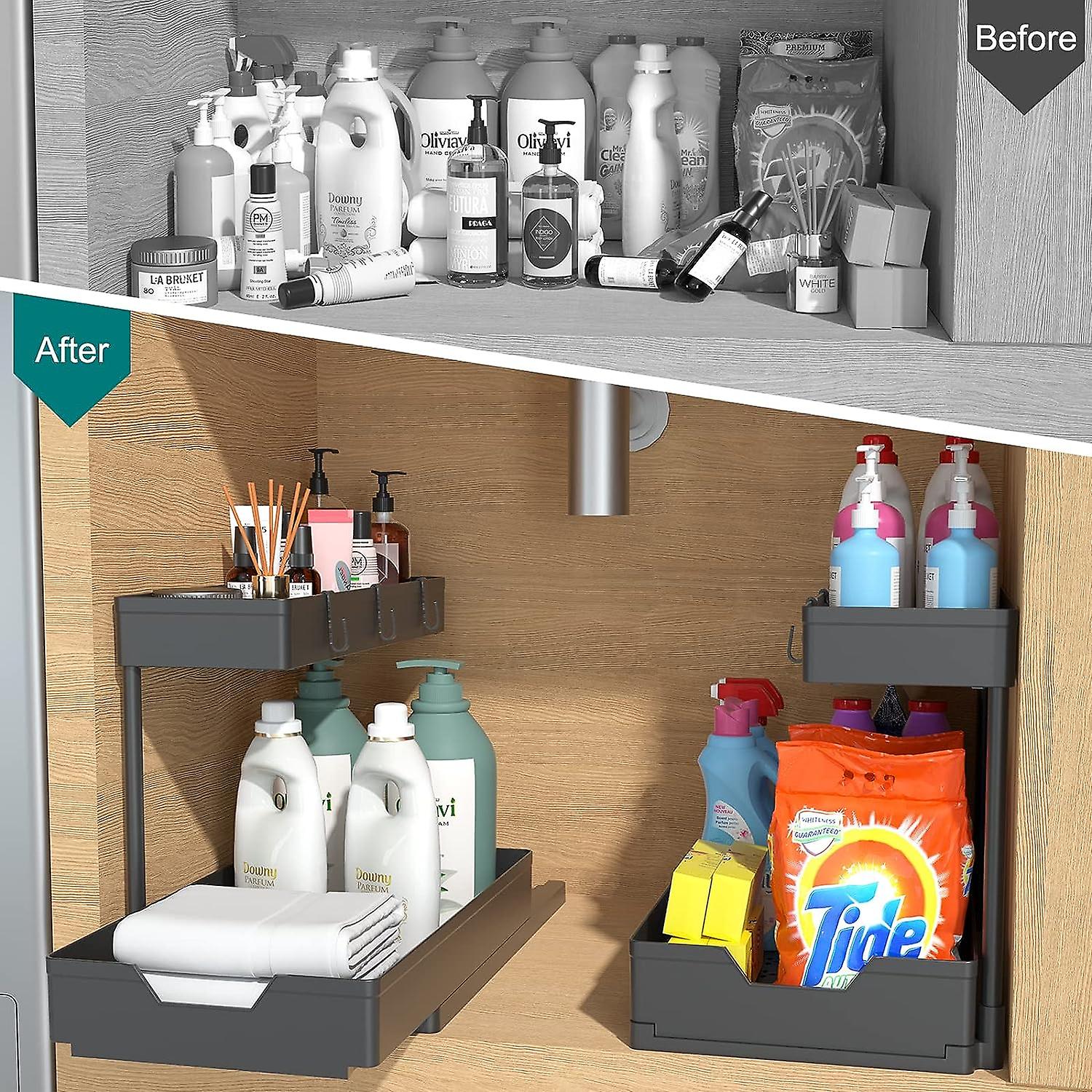 2-tierunder Sink Organizers And Storage 2 Pack Sliding L-shape Under Bathroom Kitchen Cabinet Organizers Narrow Space Storage Multi-purpose Sink Organ