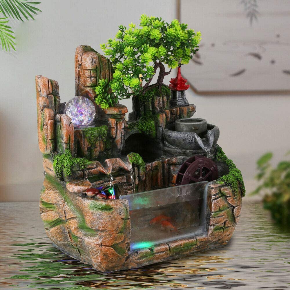 ANQIDI Rockery Water Fountain Indoor Atomizing Rockery Waterfall Desktop Decoration w/LED Light (Style 1)