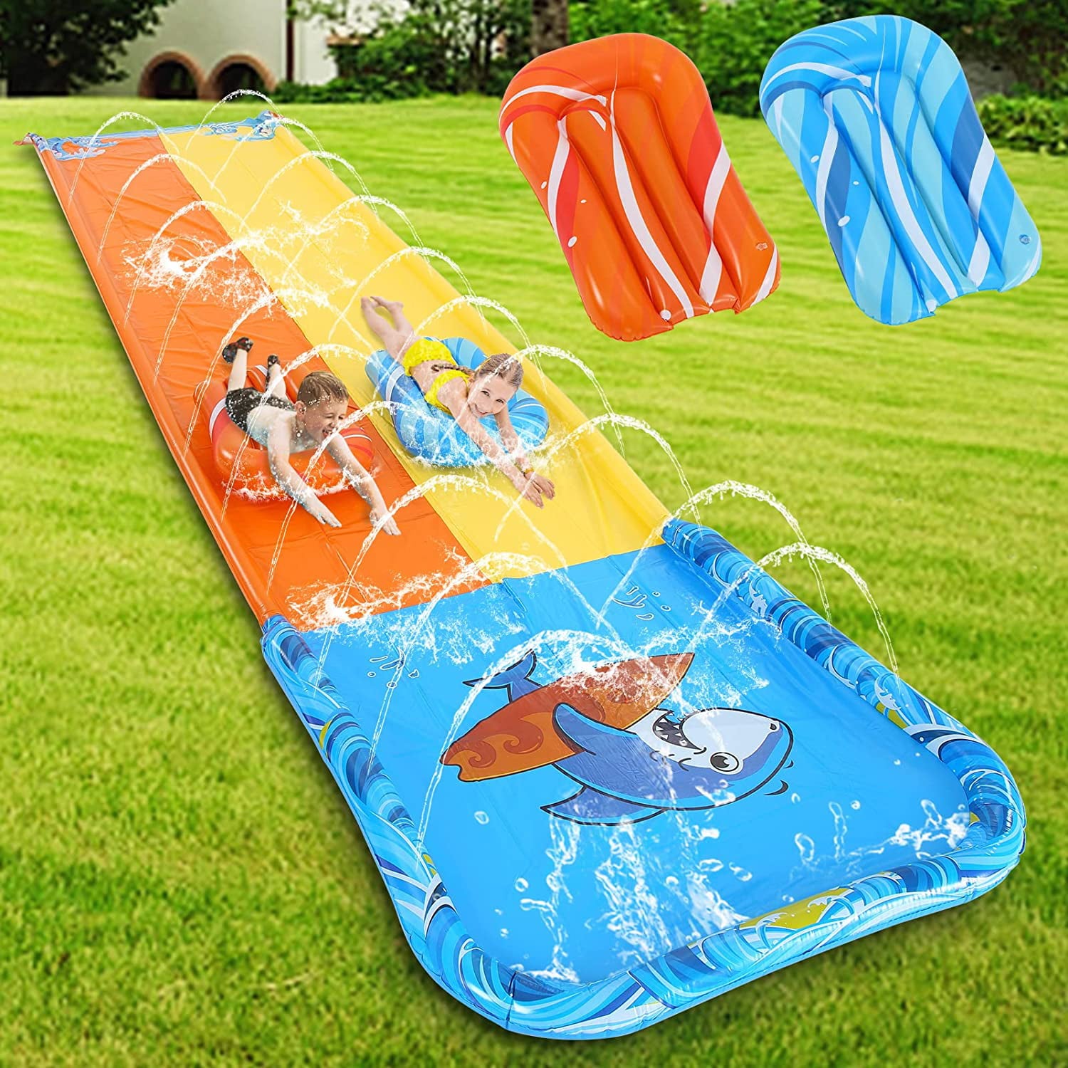 Terra Slip and Slide Water Slide for Kids, Inflatable Water Splash Slide Summer Outdoor Toys with 2 Body boards Lanes Slip For Fun