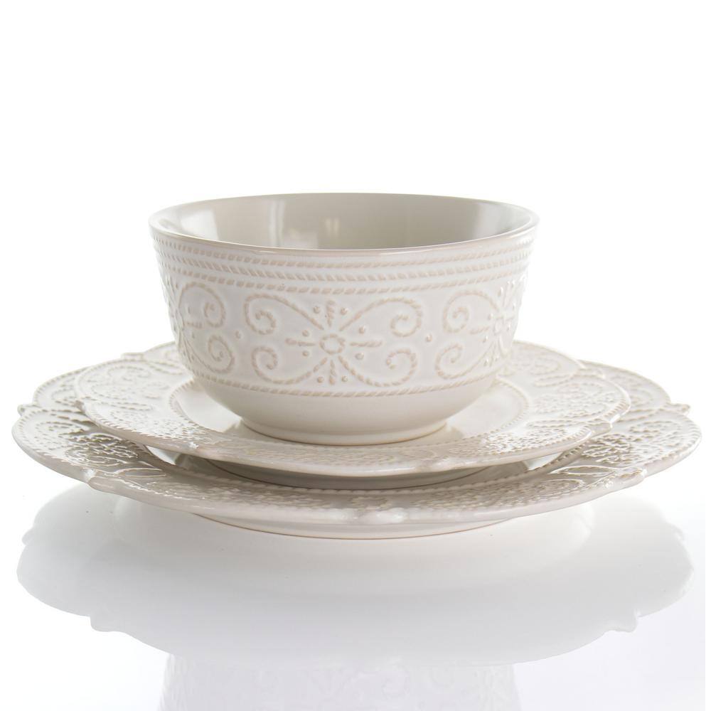 Elama 16-Piece Luna Embossed Scalloped White Stoneware Dinnerware Set (Service for 4) 985114761M