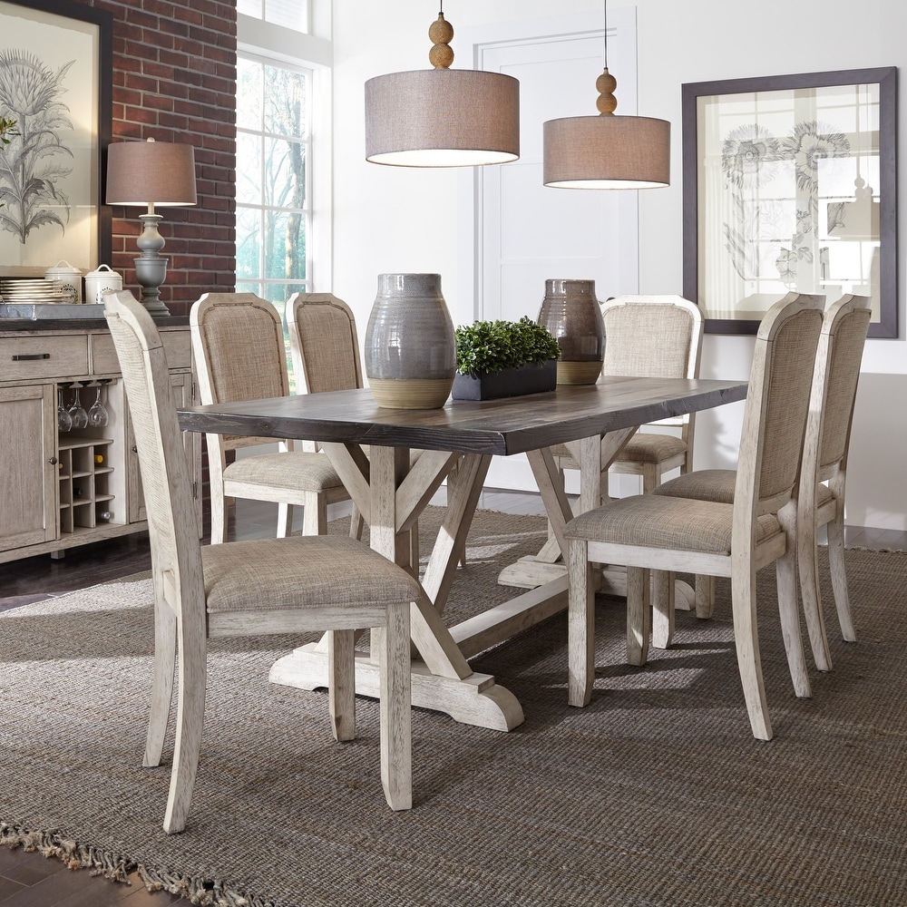 Willowrun Rustic White Weathered Gray 7 Piece Trestle Table Set