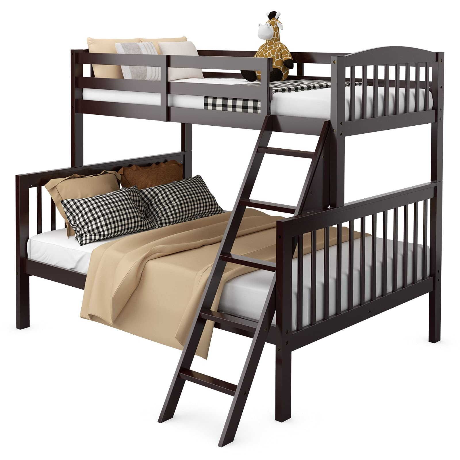 Costzon Twin Over Full Bunk Bed, Convertible Bunk Bed with Enhanced Upper-Level Guardrail and Safe Ladder