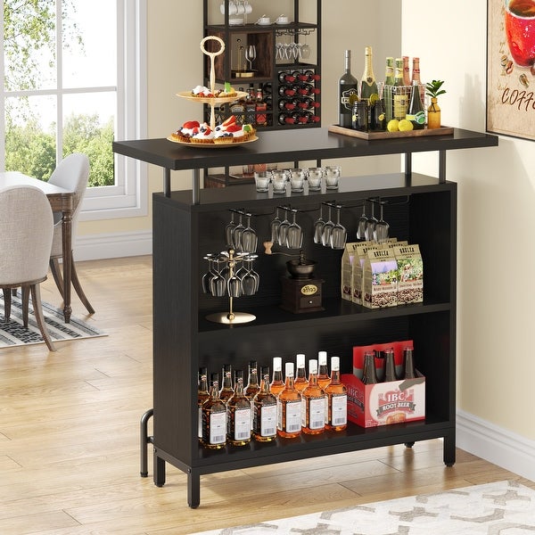 3-Tier Bar Table Liquor Cabinet with Stemware Rack and Metal Footrest