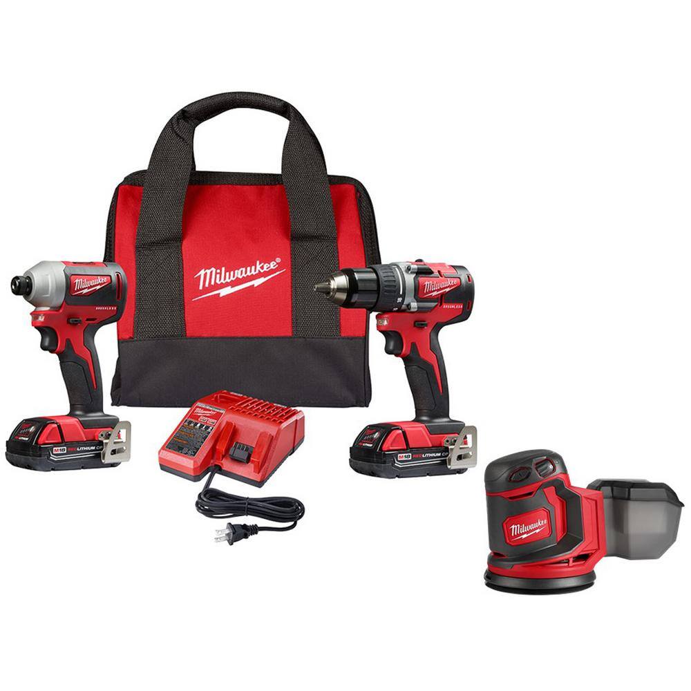 MW M18 18V Lithium-Ion Brushless Cordless Compact DrillImpact Combo Kit (2-Tool) with Random Orbit Sander 2892-22CT-2648-20