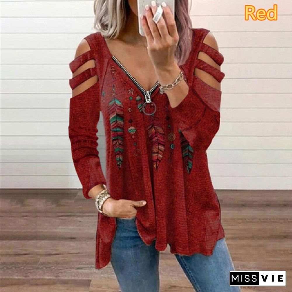 Autumn New Fashion Women's Plaid Feather Printed Long Sleeve Strapless Zipper V-neck Casual T-shirt Loose Plus Size Soft and Comfortable Top Shirt XS-5XL