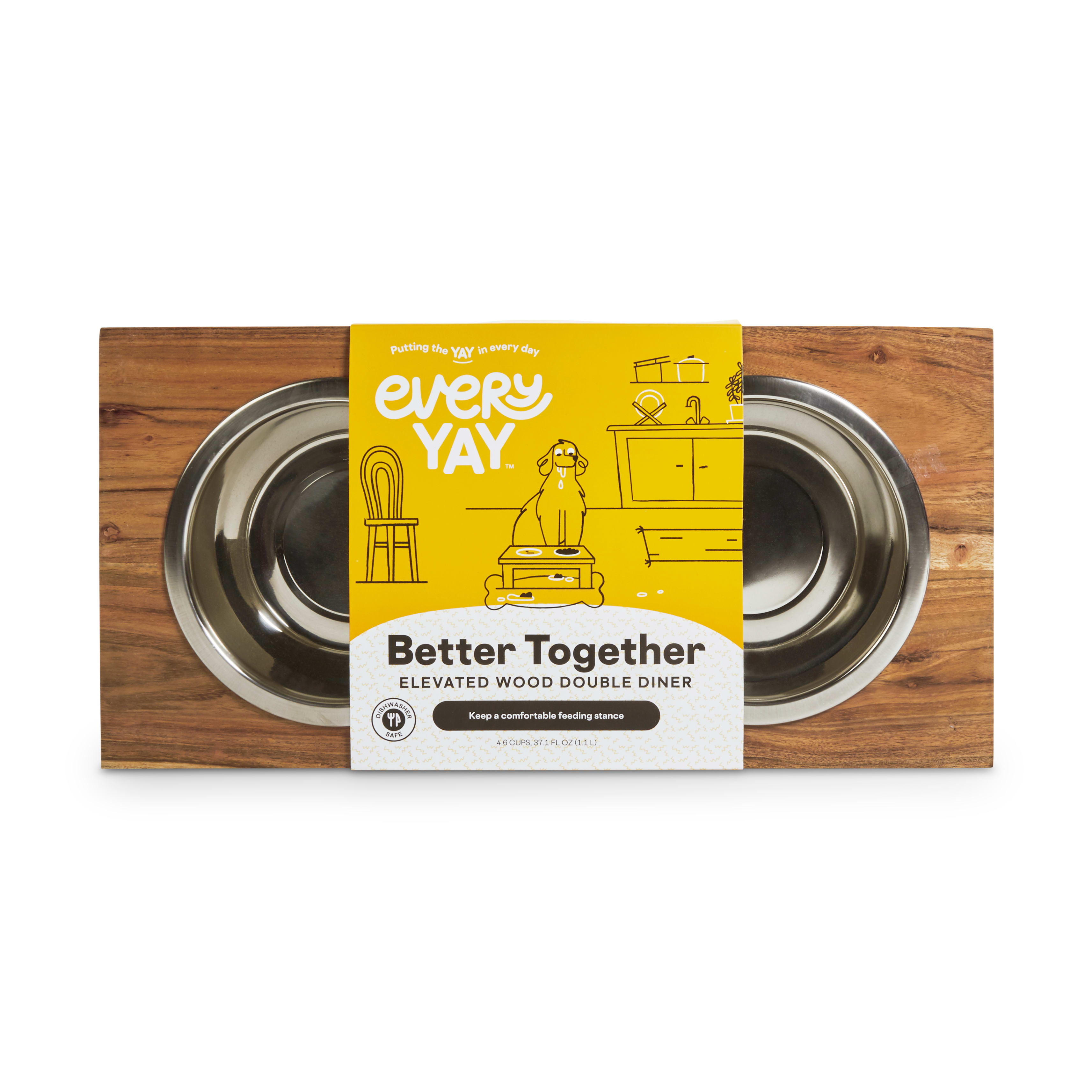 EveryYay Better Together Elevated Wood Double Diner with Stainless-Steel Bowls for Dogs， 4.6 Cups