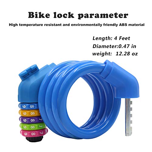 IDEALUX Bike Lock - High Security 5 Digit Resettable Combination Coiling Cable Lock Best for Bicycle Outdoors - 4 Feet x 1/2 Inch (Blue)