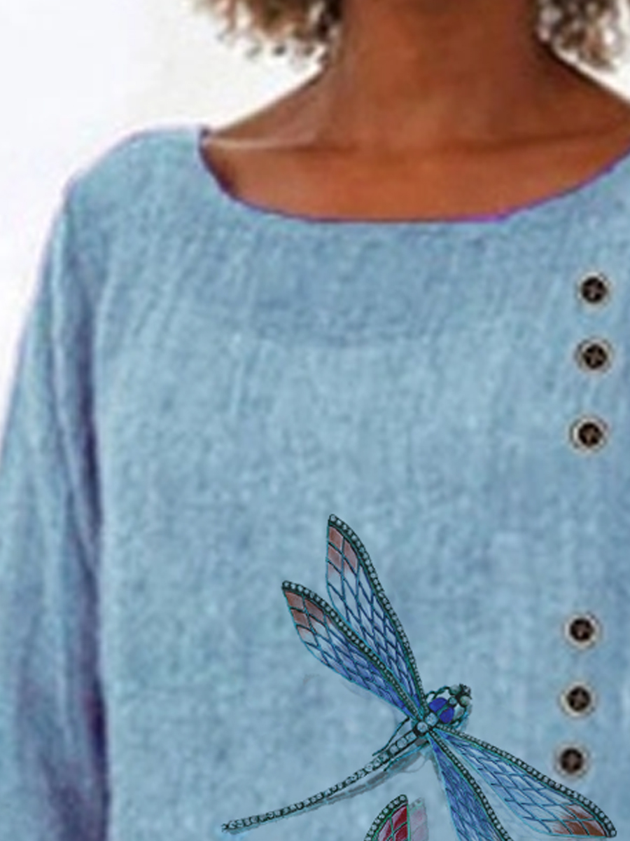 Casual Printed Long-sleeved Dragonfly Blouse