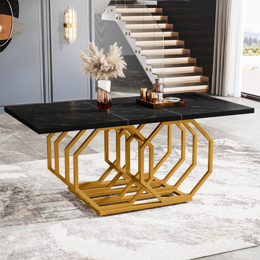 Modern Dining Table with Geometric Base for 6  63 inch Long Rectangle Kitchen Table for Home Kitchen Dining Room Living Room