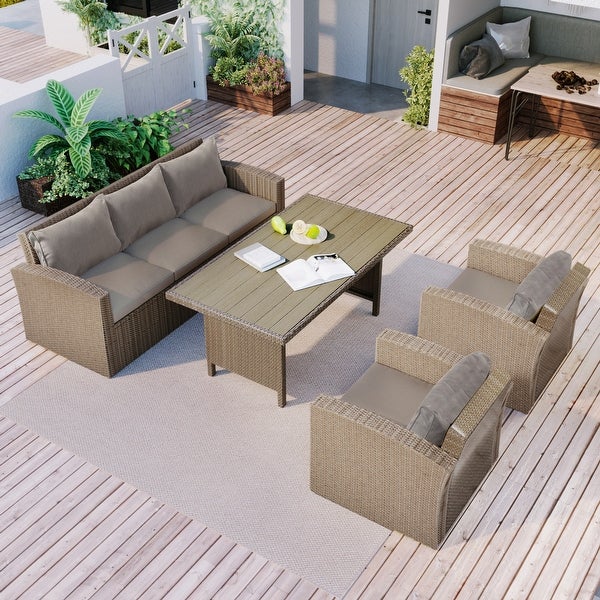 4-piece Outdoor Patio Furniture Set Modern Wicker Conversation Set， Three Seat Sofa and Dining Table Chair with Cushions Set - Overstock - 37652675