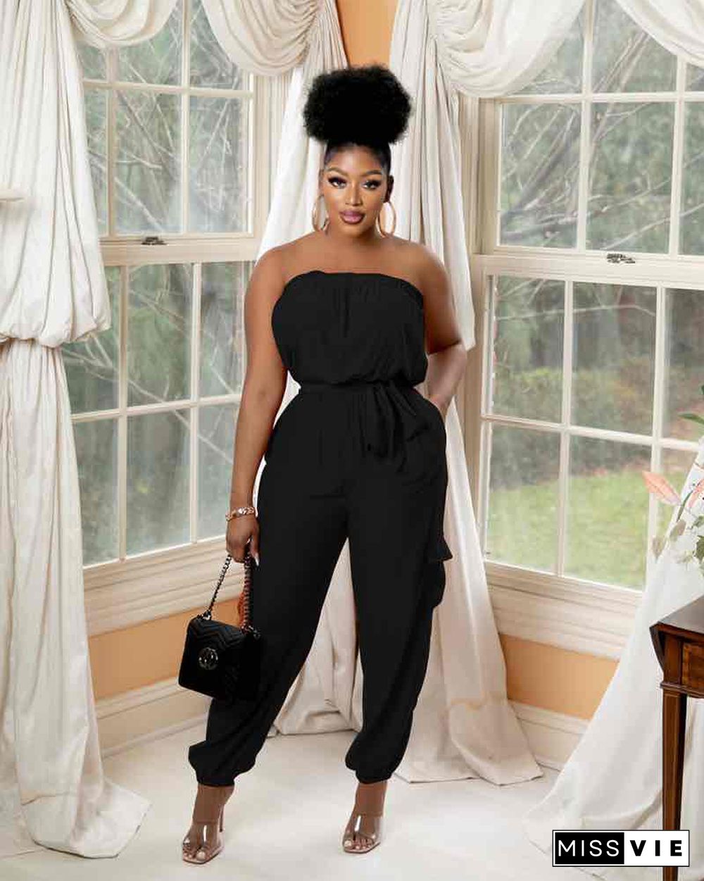 Pocket Design Belted Bandeau Jumpsuit