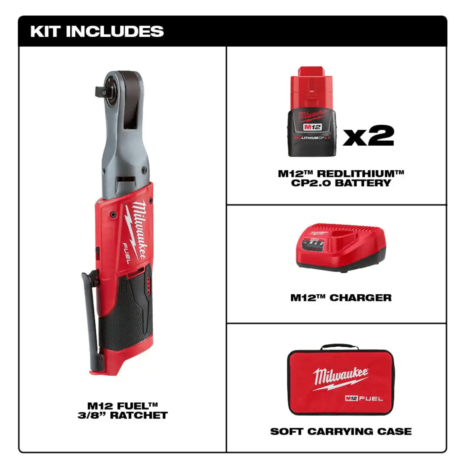 Milwaukee M12 Fuel 12-Volt Lithium-Ion Brushless Cordless 3/8 in. Ratchet Kit with (2) 2.0Ah Batteries， Charger and Tool Bag (2557-22)