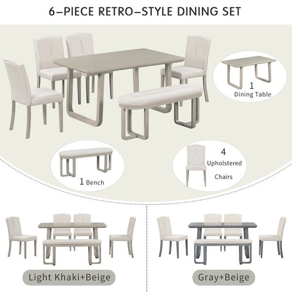 6-piece kitchen table， rectangular dining table， 4 upholstered chairs and benches， foam covered backrest and cushions