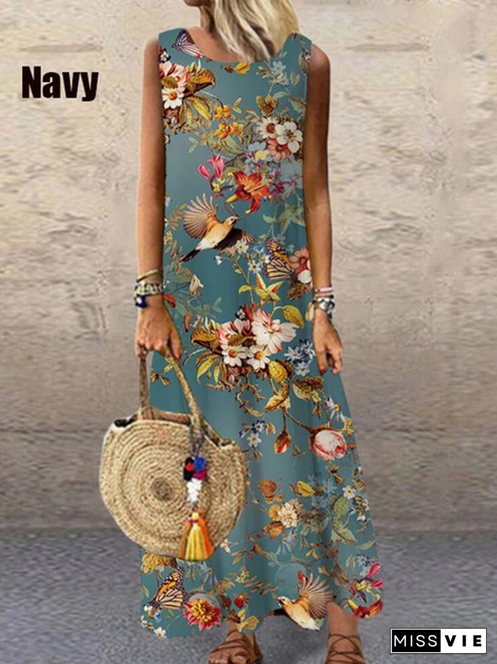 New Fashion Women's Elegant Sleeveless Flowers Print A-Line Dress Round Neck Casual Party Dresses Long Dress Plus Size