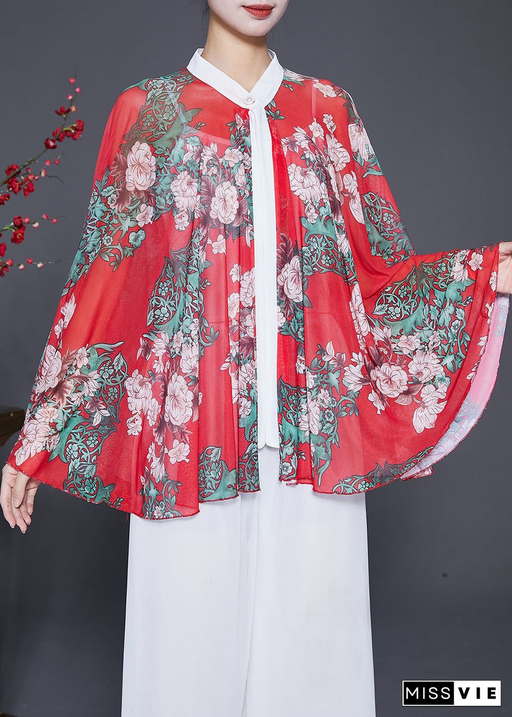 Art Red Oversized Print Chiffon Shirt Batwing Sleeve