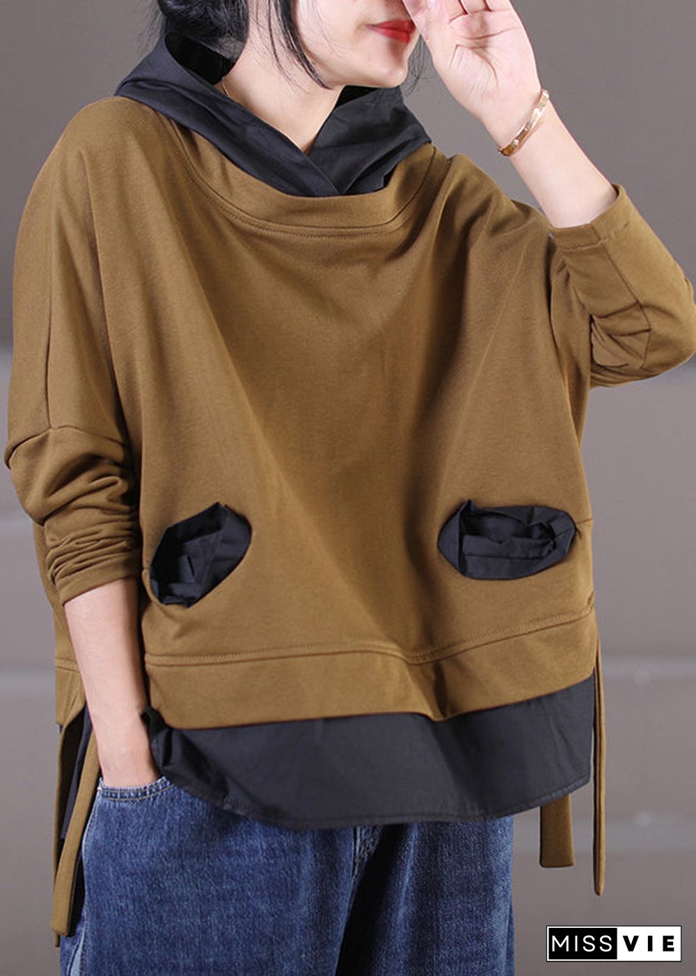 French Khaki Pockets Patchwork Tie Waist Low High Design Hooded Sweatshirt Long Sleeve