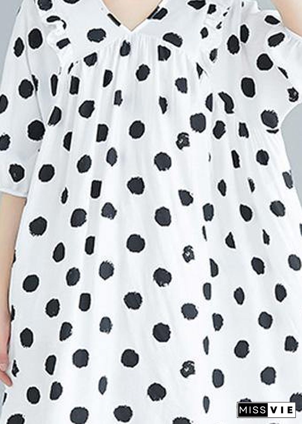 French v neck Cinched Tunics Shirts white dotted Dress summer