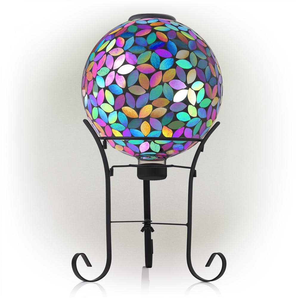 Alpine Corporation Outdoor Solar Powered Glass Mosaic Gazing Globe with Metal Stand Yard Decoration, Purple GRS122A-SLR