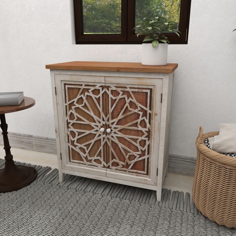 Brown Wood Farmhouse Cabinet with Carved Relief Overlay   14\